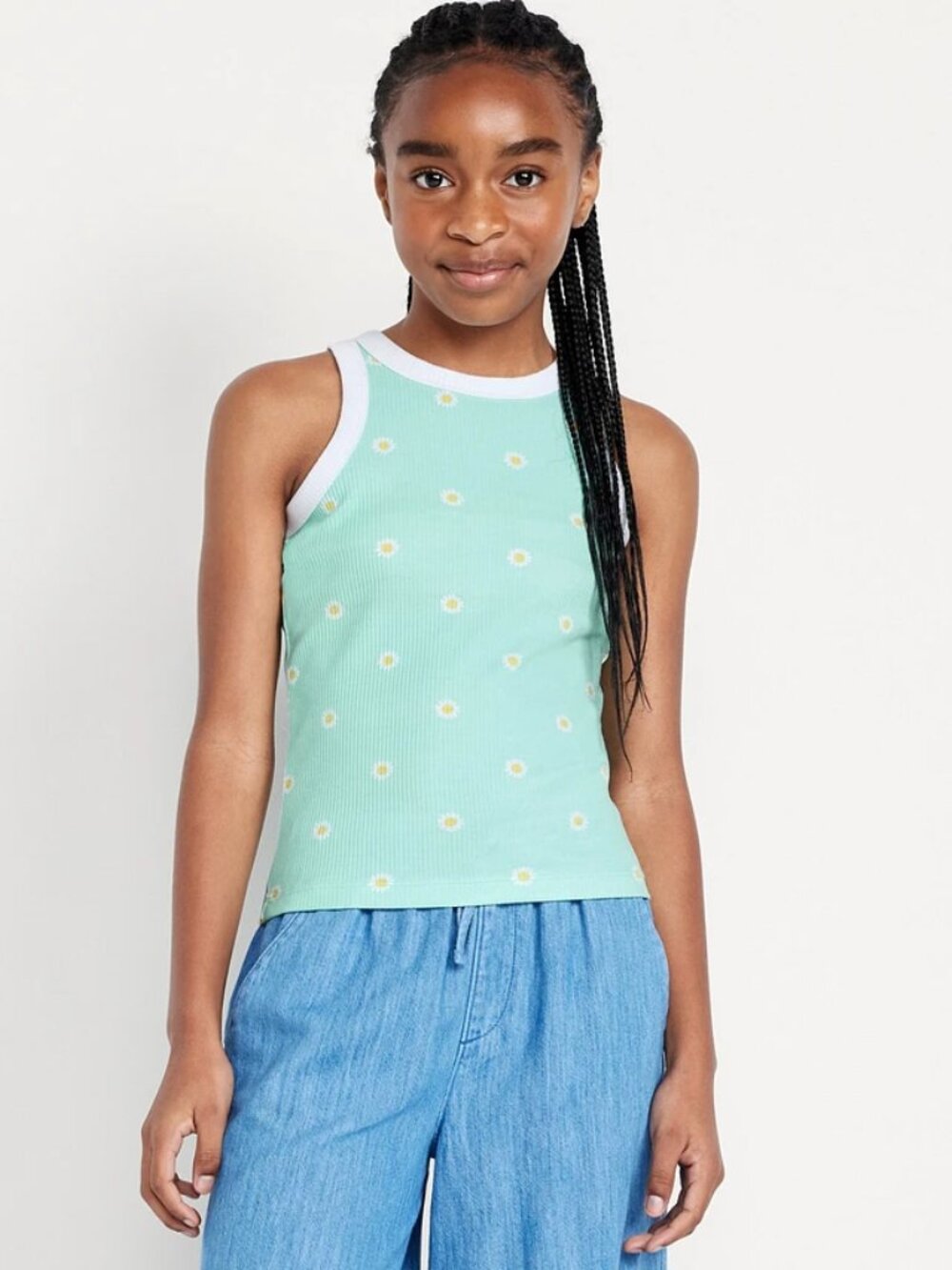 Old Navy Mint Green Daisy Ribbed Tank with White Trim Girls Large